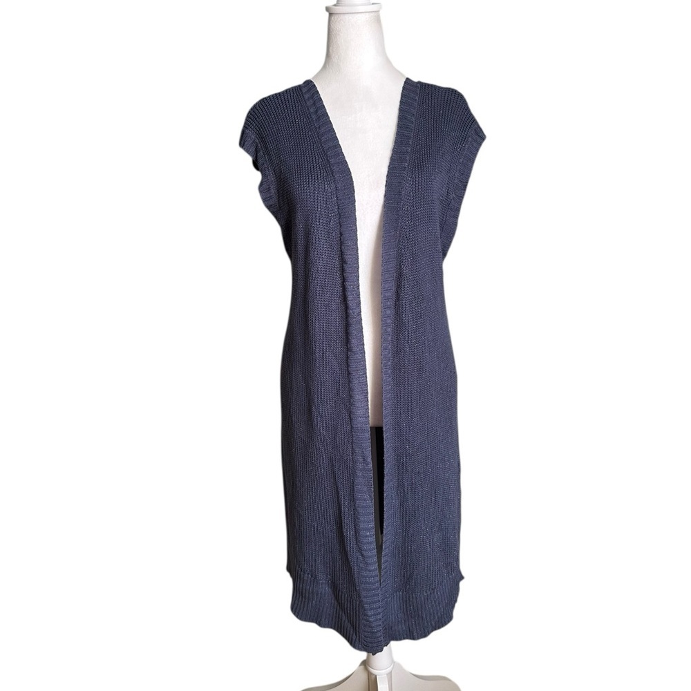 Chico's Cardigan Sweater Size 2 Open Lace Up Back Long Indigo Blue Metallic
